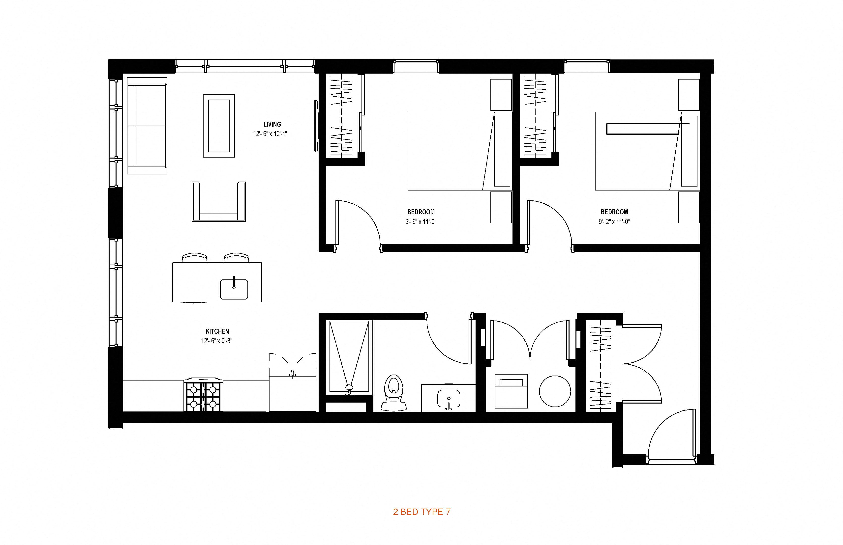 Floor plan for 2 beds, 1 bath, 889 sqft